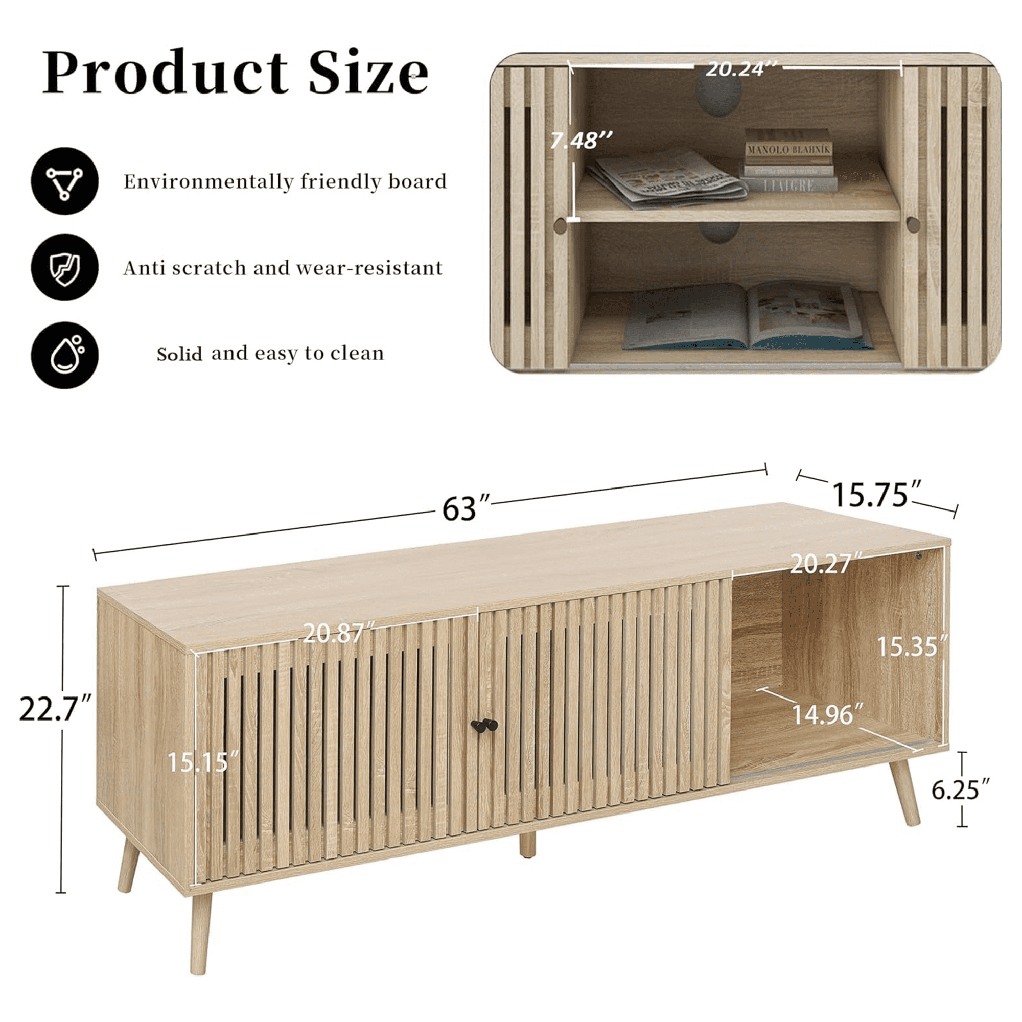 Lisicue Mid-Century Modern TV Stand for TVs up to 70 Inches with Sliding Doors and Storage, Natural