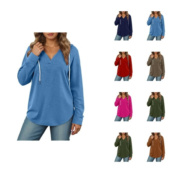 Plain V Neck Hoodies for Women Fall Winter Long Sleeve Casual Loose Basic Hooded Sweatshirt Pullover Tops