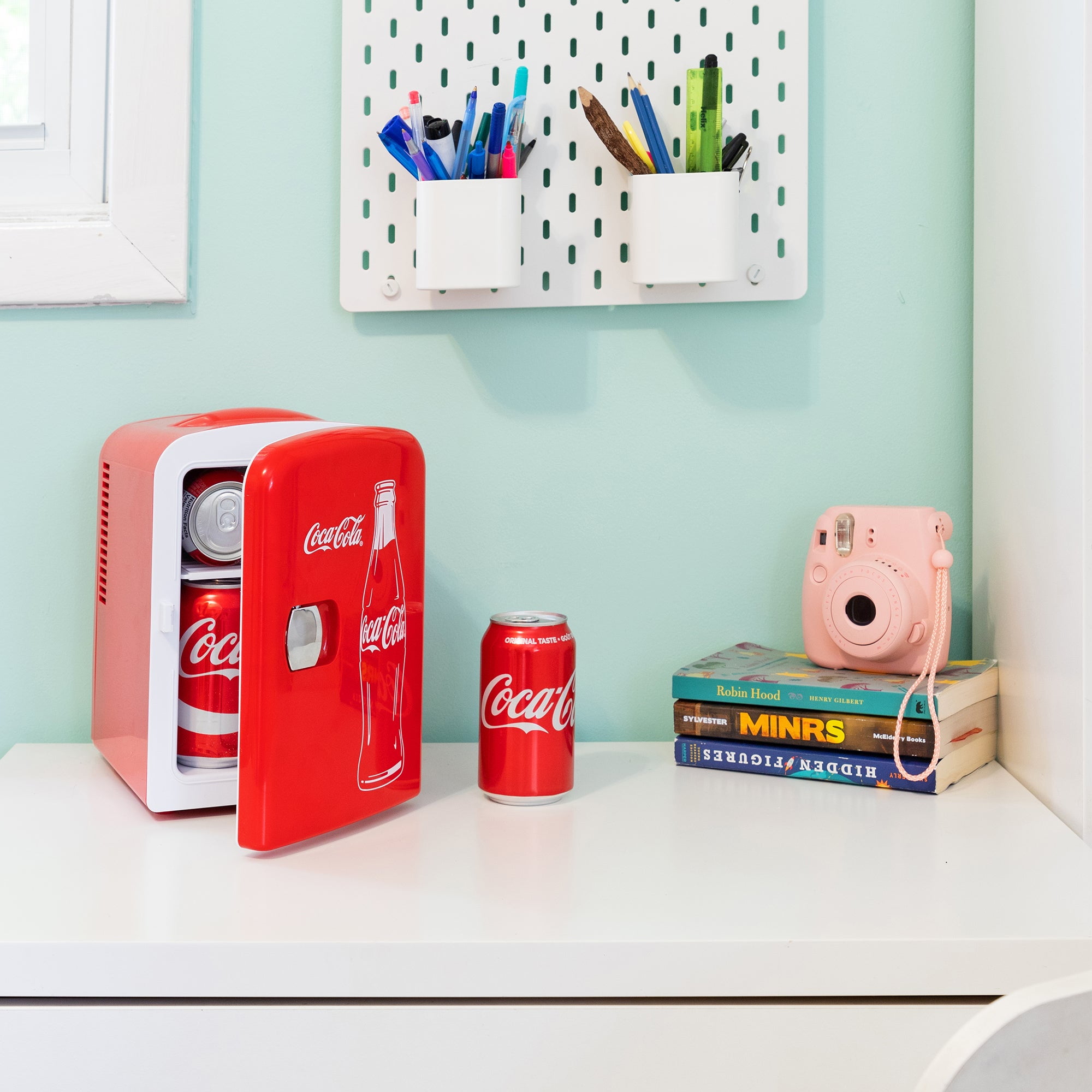 Coca-Cola Classic 4L Mini Fridge, Portable Cooler for 6 Cans, Includes 12V DC & 110V AC Cords, Red Bottle Design, for Home, Office, Dorm, Travel