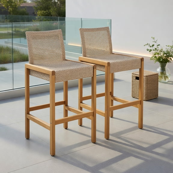 Set of 2 Light Brown PE Rattan & Teak Acacia Wood Bar Stools with Backrest and Footrest – Indoor/Outdoor Patio Dining Chairs, 30" Seat Height, 400 lbs Capacity