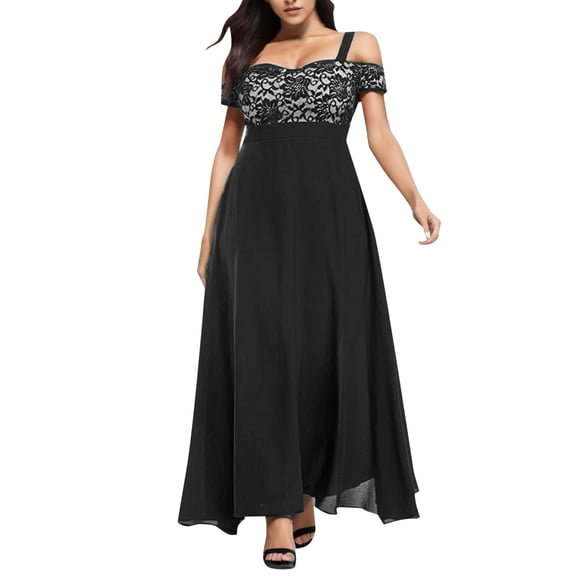 Huangx Women's Plus Size Prom Dress Off The Shoulder Sequin Lace Chiffon Formal Bridesmaid Dress Black L