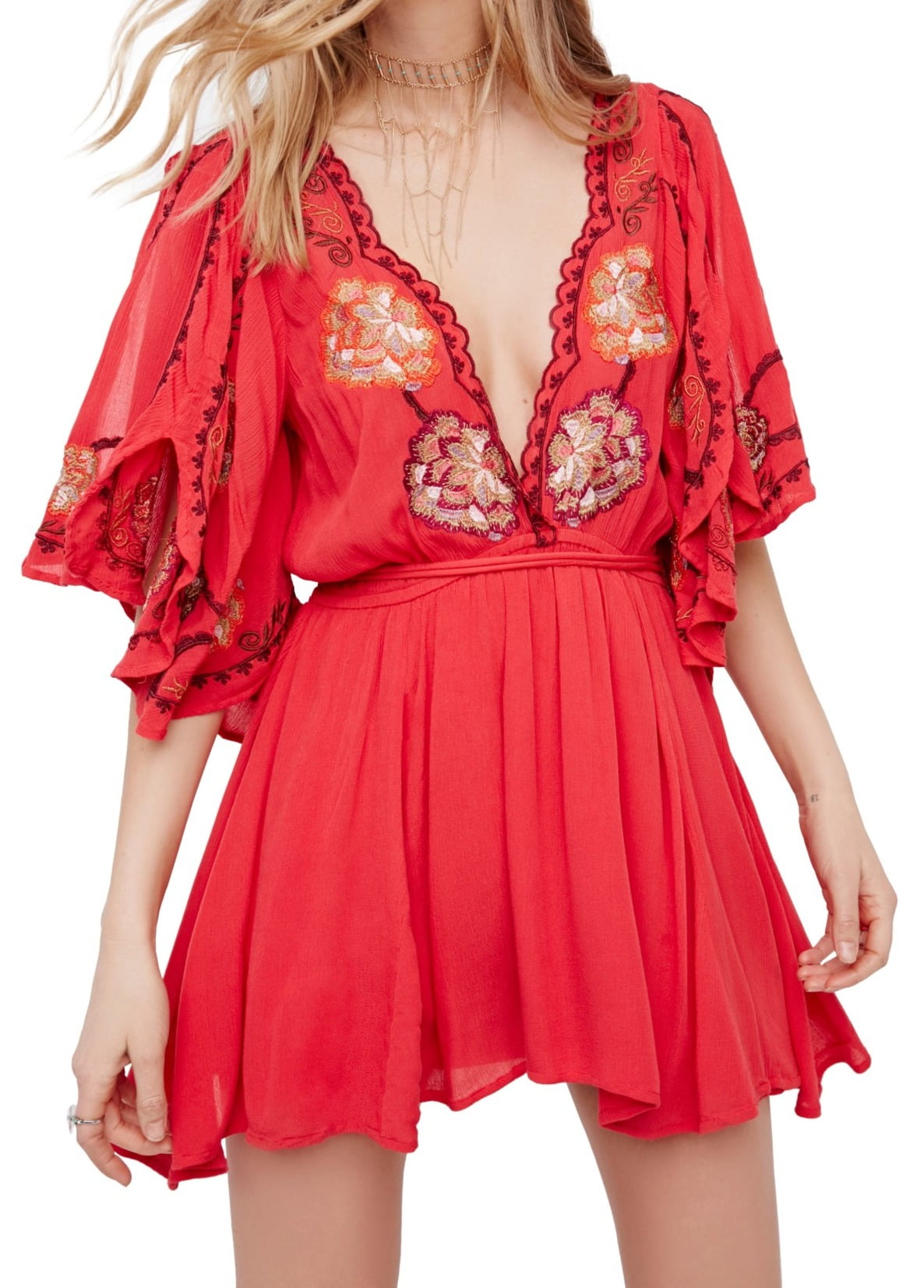 free people red embroidered dress