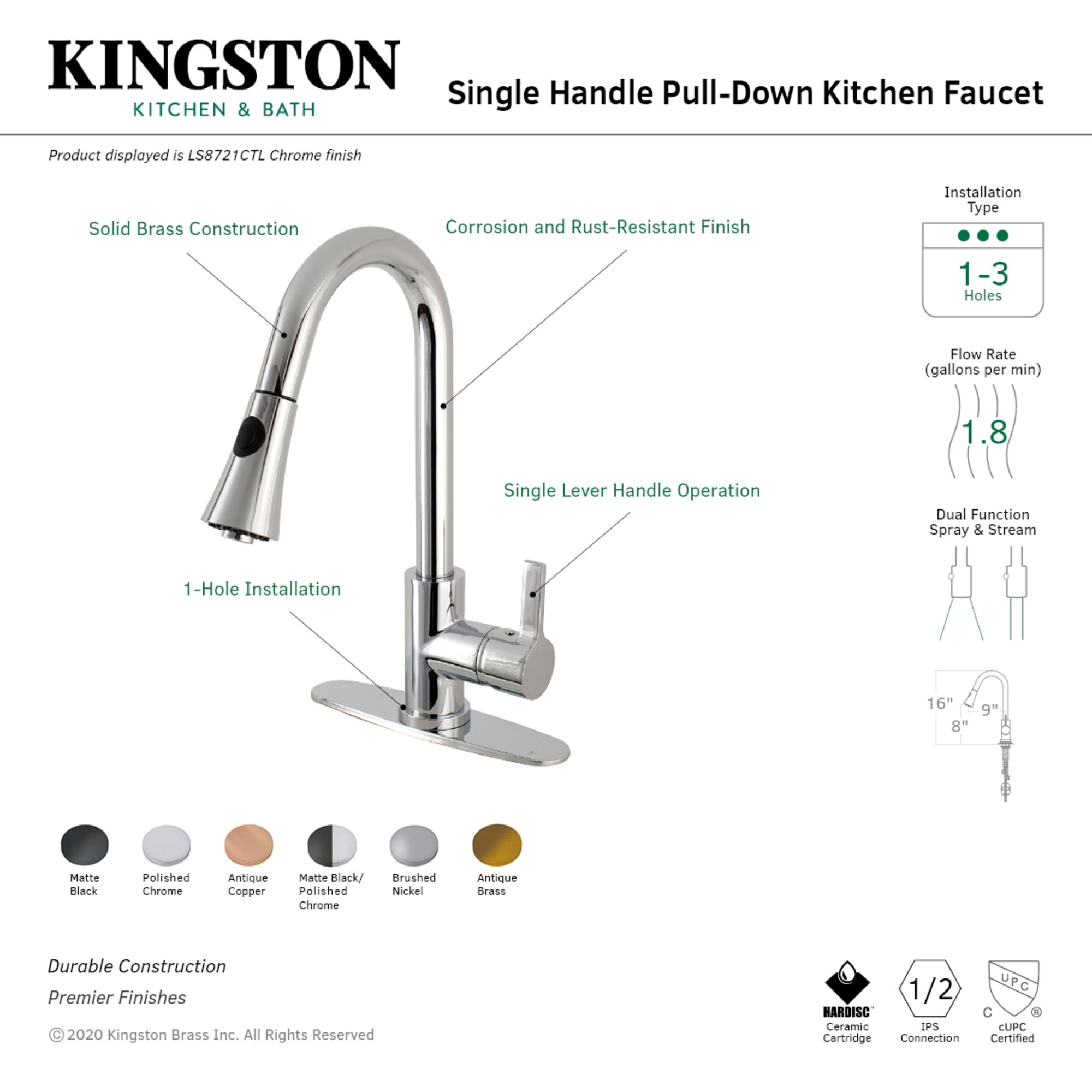 Kingston Brass LS8720CTL Continental Single-Handle Pull-Down Kitchen Faucet in Matte Black