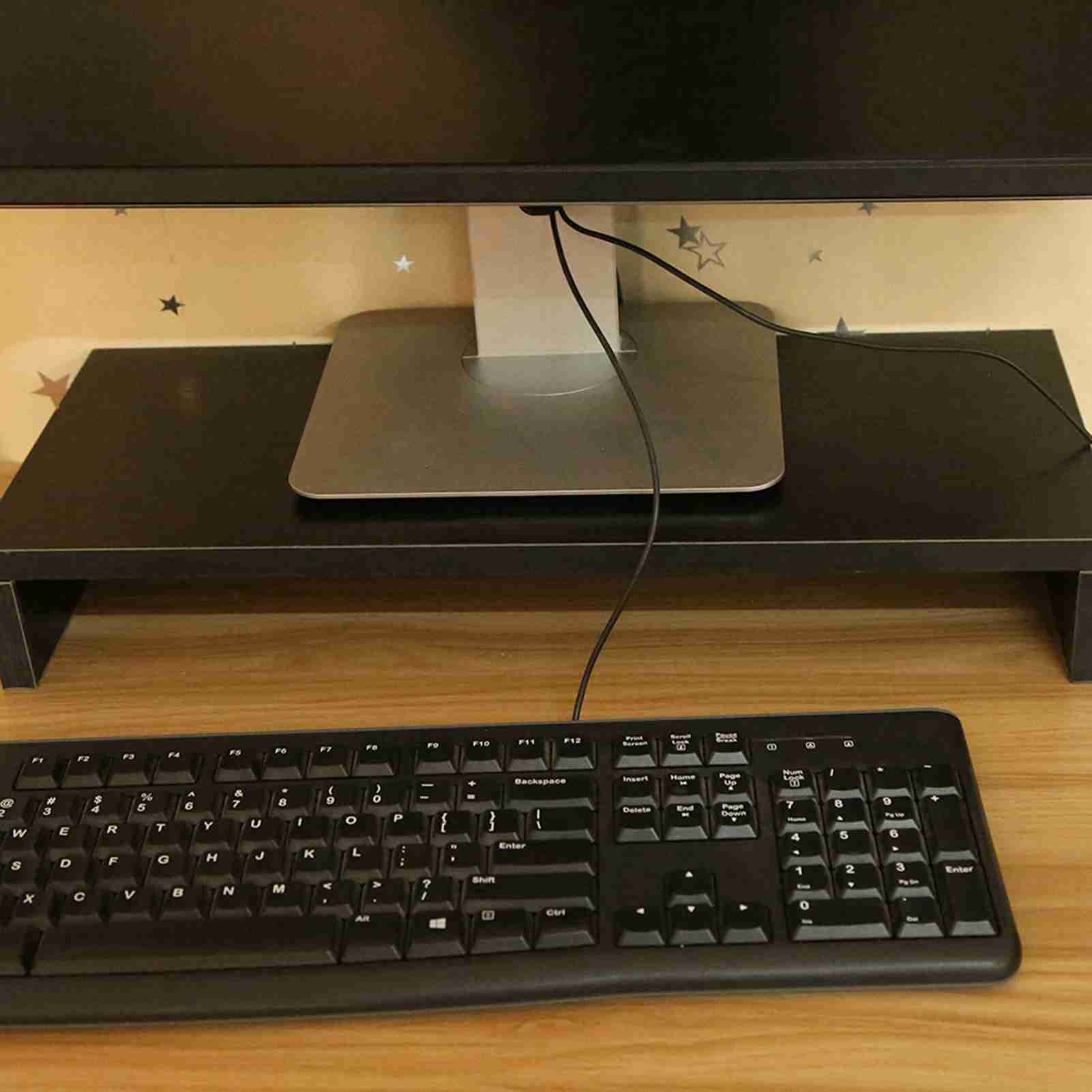 Yajisi Wooden Monitor Stand LED LCD Computer Riser Desktop Organizer Display Shelf Space Saving Design Ergonomic Viewing Height For Home Office Workstation, Black (19.68 in / 50 cm)