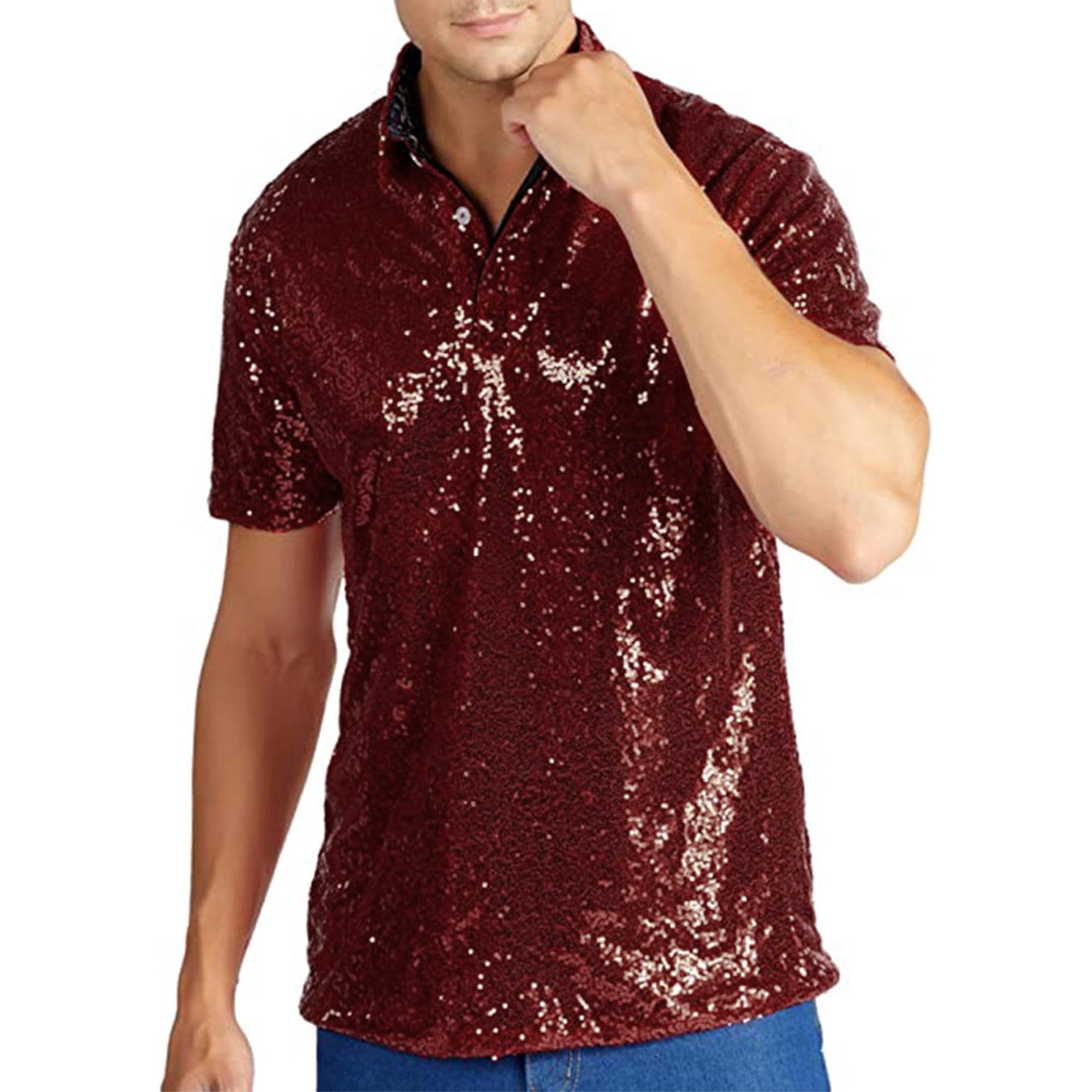 xiaxaixu Men Sparkle Sequins Shirt Casual Vintage Summer 1/4
