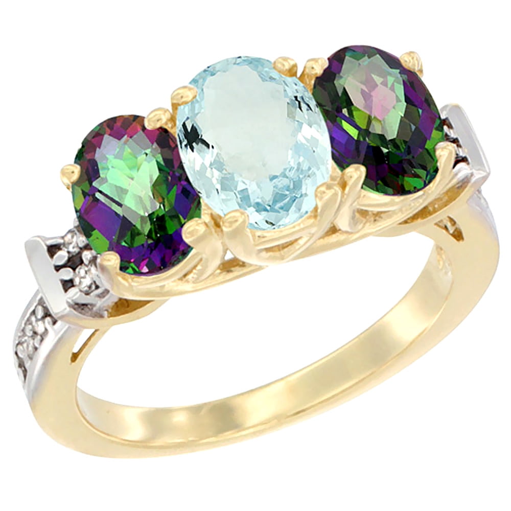 14K Yellow Gold Natural Aquamarine & Mystic Topaz Sides Ring 3-Stone Oval Diamond Accent, sizes 5 10 by WorldJewels