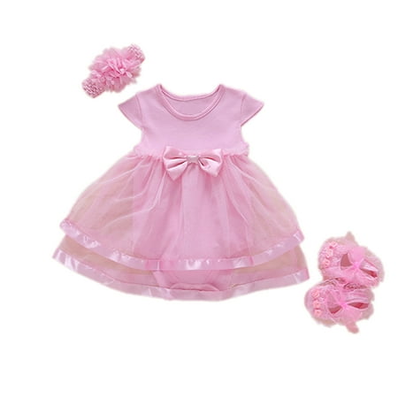 Baby Girls Infant Lace Party Wedding Dress Gown with Headband and Shoes Set Pink short-sleeved lace dress + pink flower hair band 3M: Recommended 0-3 (Best Shoes For Lace Wedding Dress)