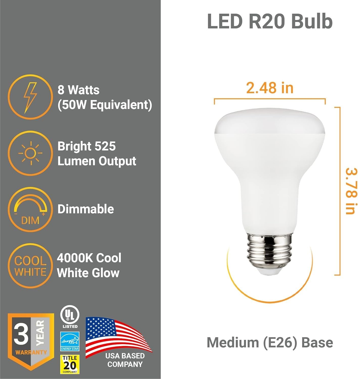 Diodesy- Pack of 6 R20/LED/8W/CRI90/40K LED R20 Reflector Light Bulb, 8 Watts (50W Equivalent), Dimmable, 4000K Cool White, Medium E26 Base, 525 Lumens, Flood Light for Recessed Can Use, UL Listed
