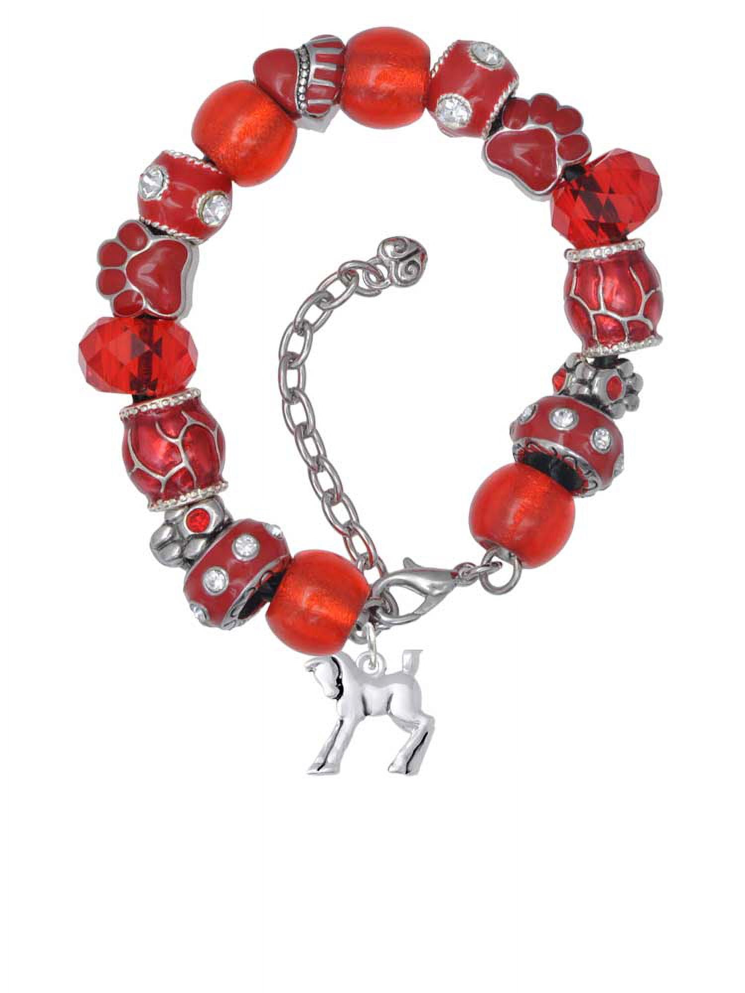 Delight Jewelry Silvertone Equestrian Horse Red Paw Print Bead Bracelet, 7"+2"