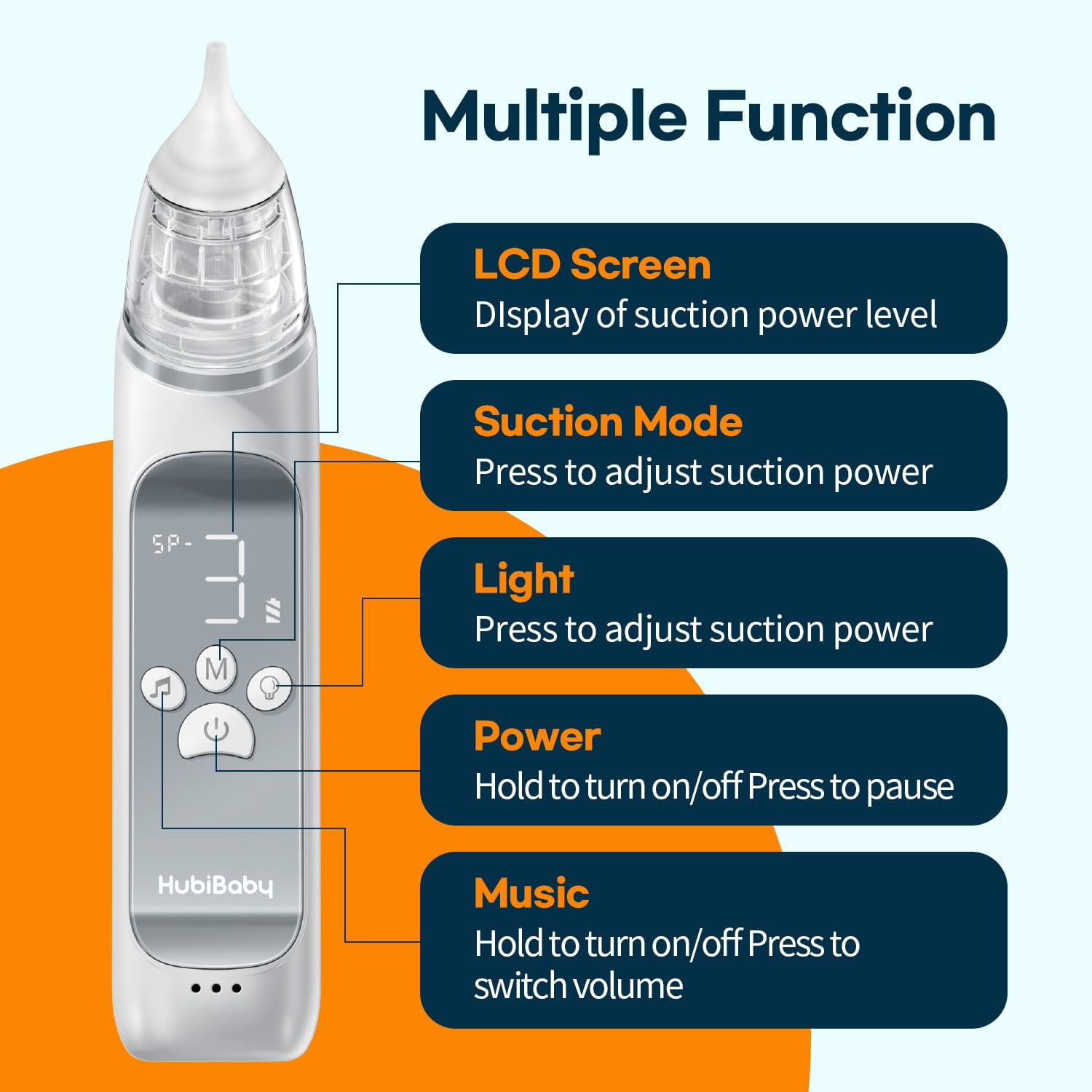 HubiBaby Large Flow Electric Nasal Aspirator for Baby, Nose Sucker, Booger Sucker, Nose Cleaner for Infant to Toddlers with 3 Silicone Tips, 3 Suction Levels, Music