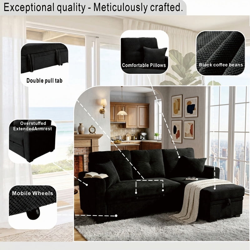 Convertible Sleeper Sectional Sofa with Pull-Out Bed & Reversible Chaise, Loveseat Couch with Hidden Storage for Small Spaces
