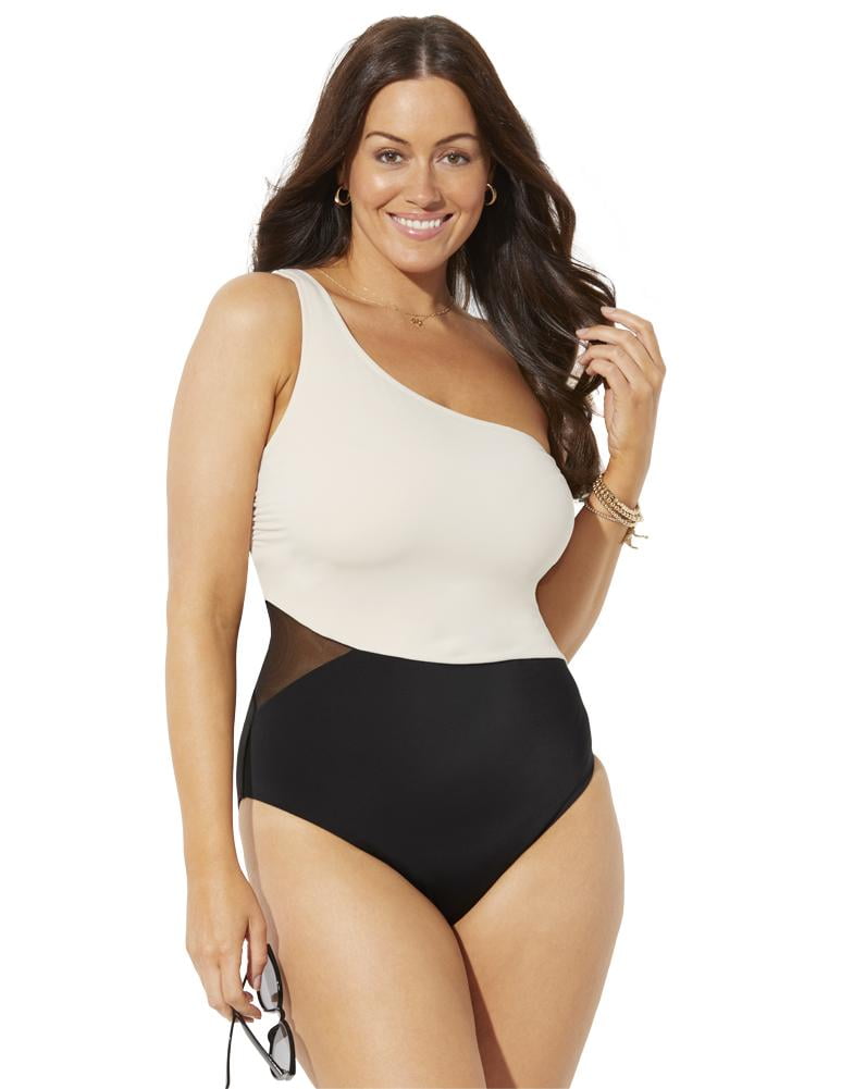 Swimsuits For All Women S Plus Size One Shoulder One Piece Swimsuit Black Cream Walmart Com