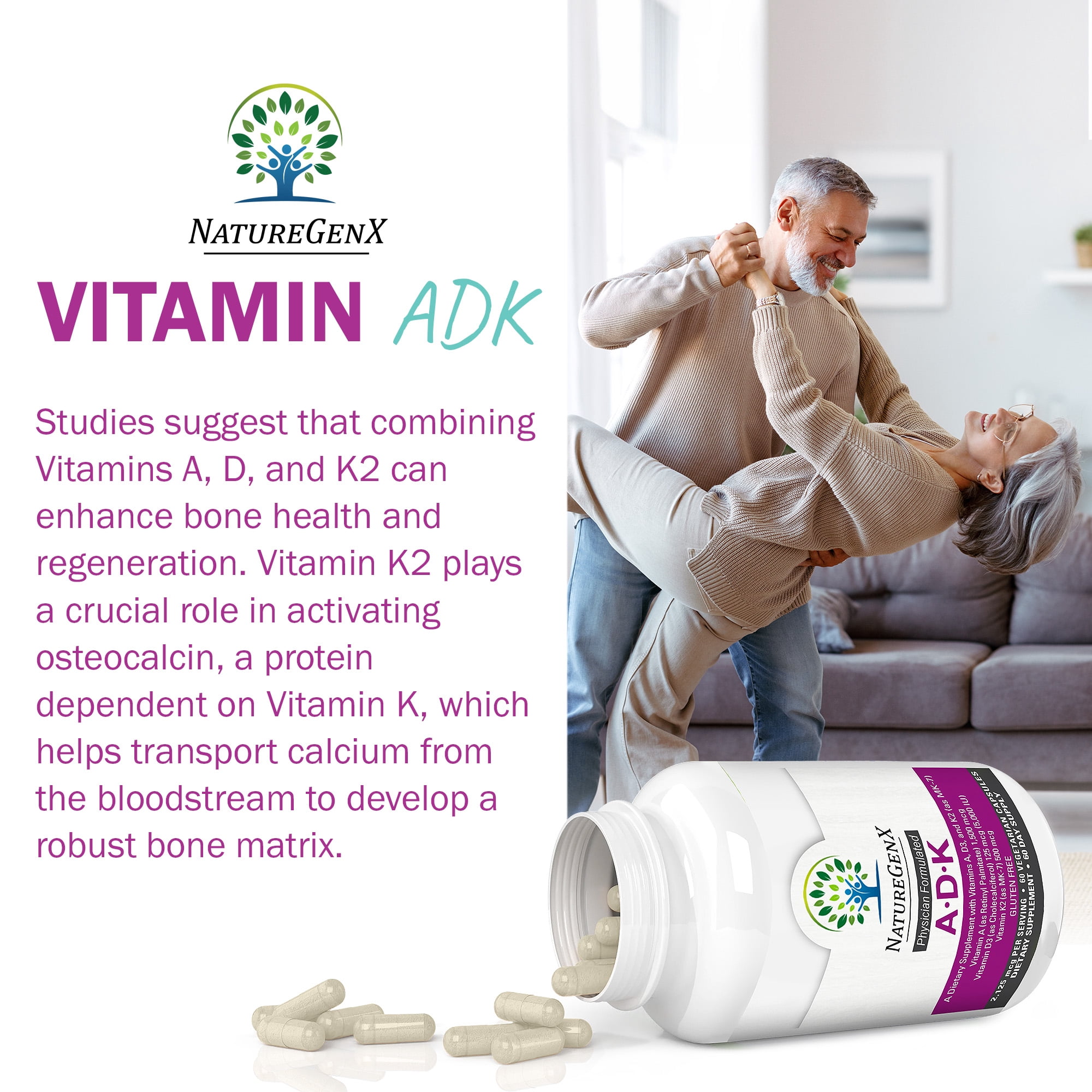 NatureGenX ADK Vitamin Supplement – High Potency Vitamins A 5000 IU, D3 5000 IU, K2 500 mcg – Supports Bone Strength, Joint Health, Heart & Immune Function – 60 Capsules, 2-Month Supply