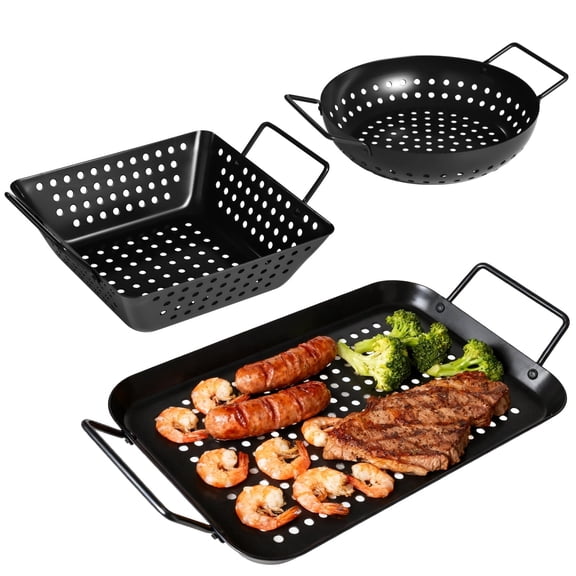 3 Pcs Non-Stick BBQ Grill Topper Set, Including Perforated Round, Square, and Rectangular Grill Pans with Handles, Heavy Duty Grill Pan for Outdoor Grills