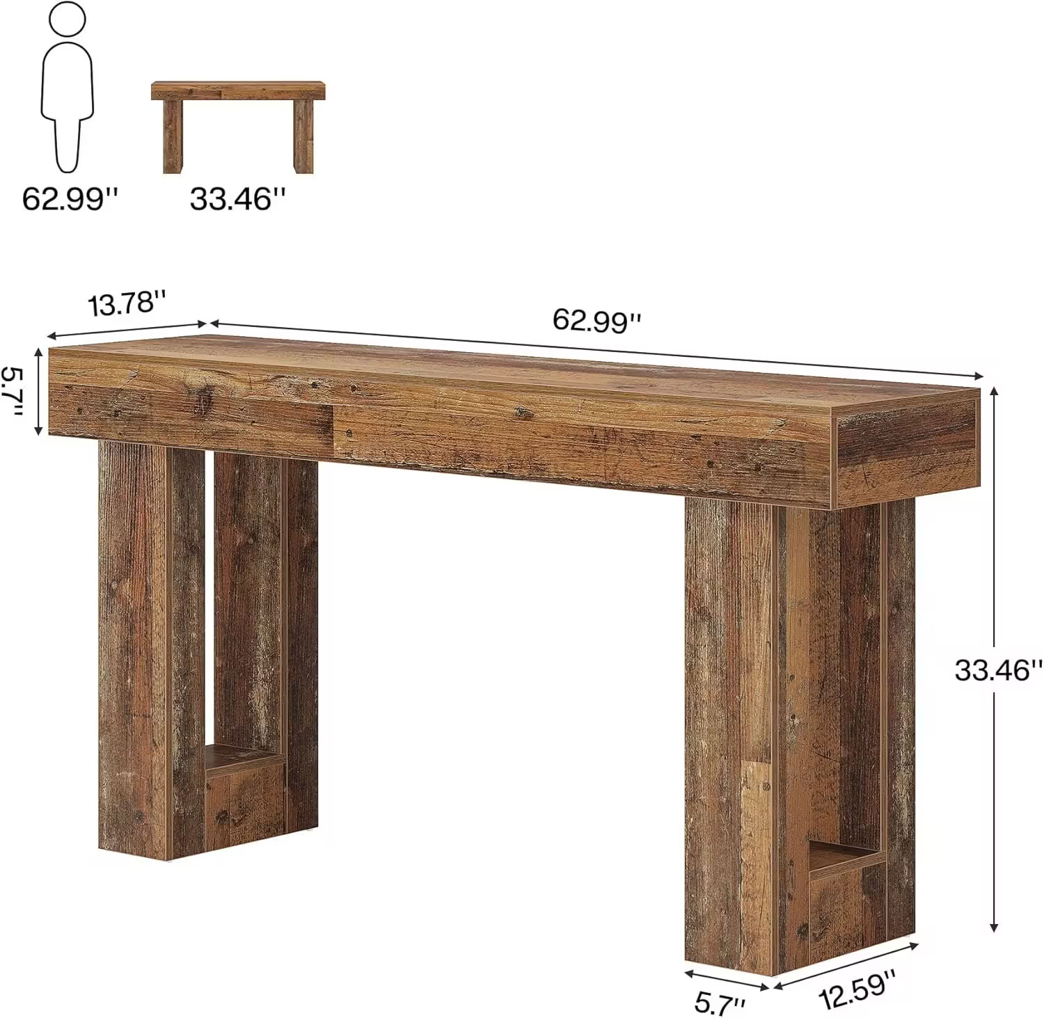 MAYEERTY Rustic Wood Console Table, 63-Inch Farmhouse Sofa Table for Entryway Hallway