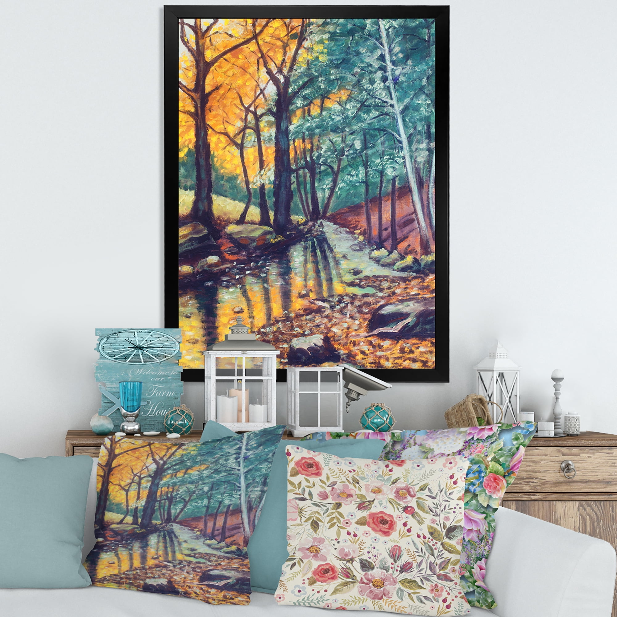 Designart 'Landscape With Autumn Forest Sunset River' Traditional Framed Art Print