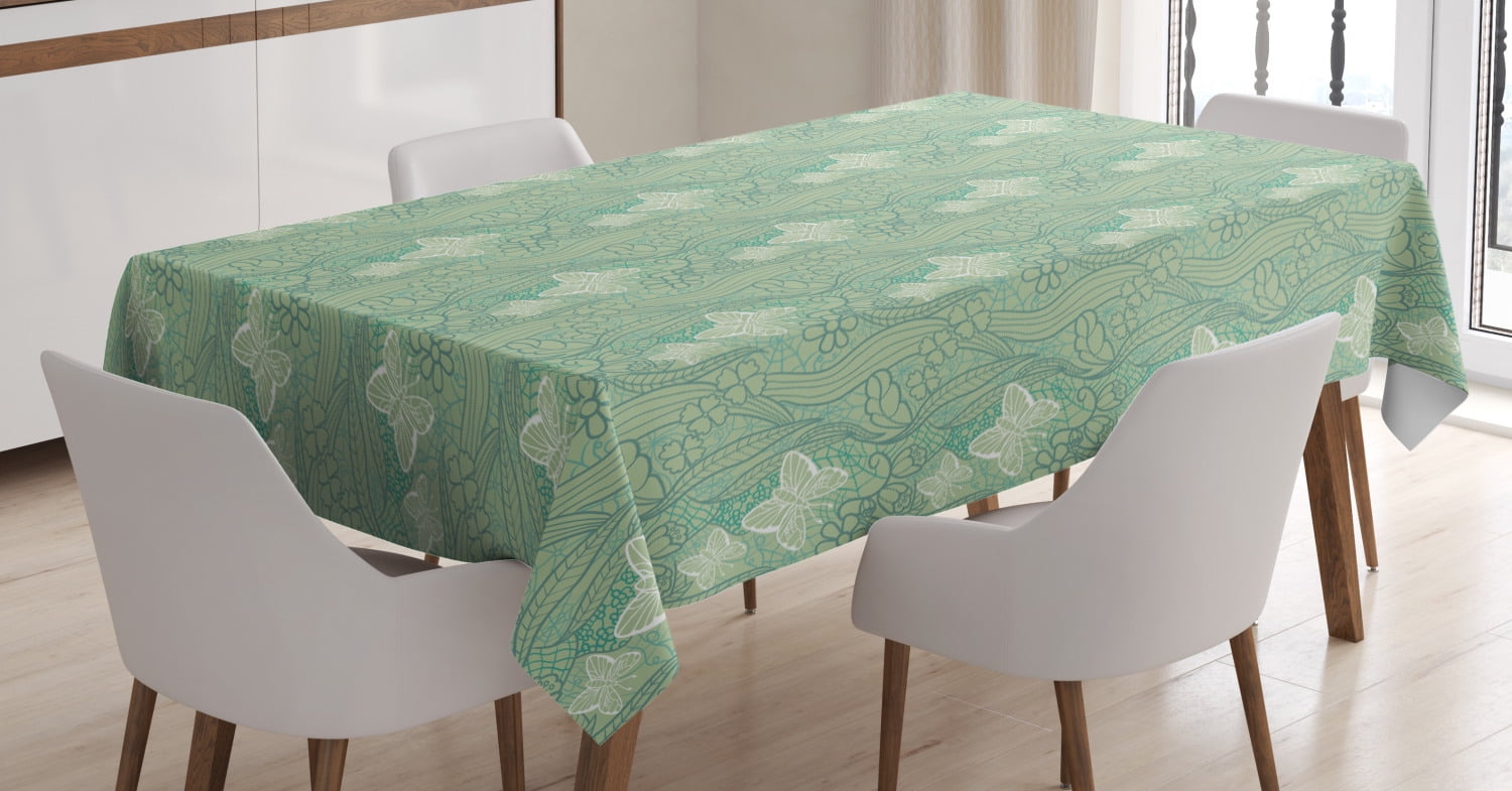 Green Tablecloth, Lace Style Graphic Pattern of Flourishing Forest