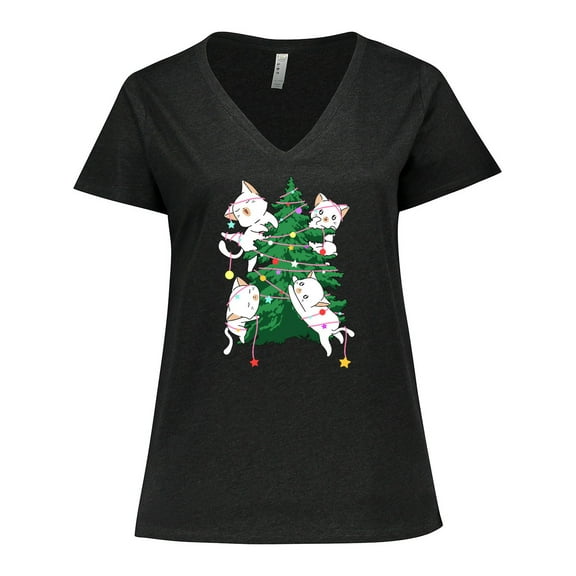 Inktastic Kawaii Cats Christmas Tree Women's Plus Size V-Neck T-Shirt