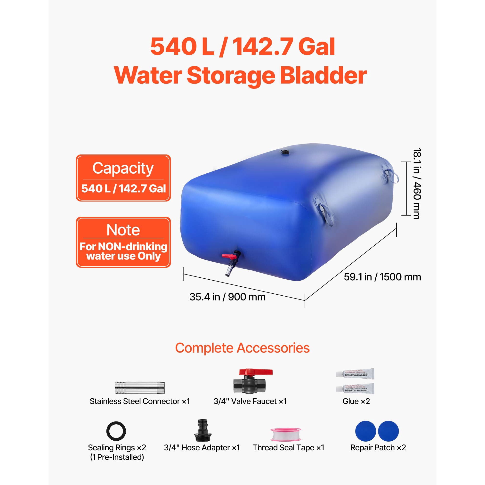 KFFKFF Collapsible Water Storage Bladder, 142.7 Gal Portable Water Tank, Durable 1000D PVC Container, Leak-Resistant Design for Camping, Garden Irrigation, RV, and Emergency Use, Blue