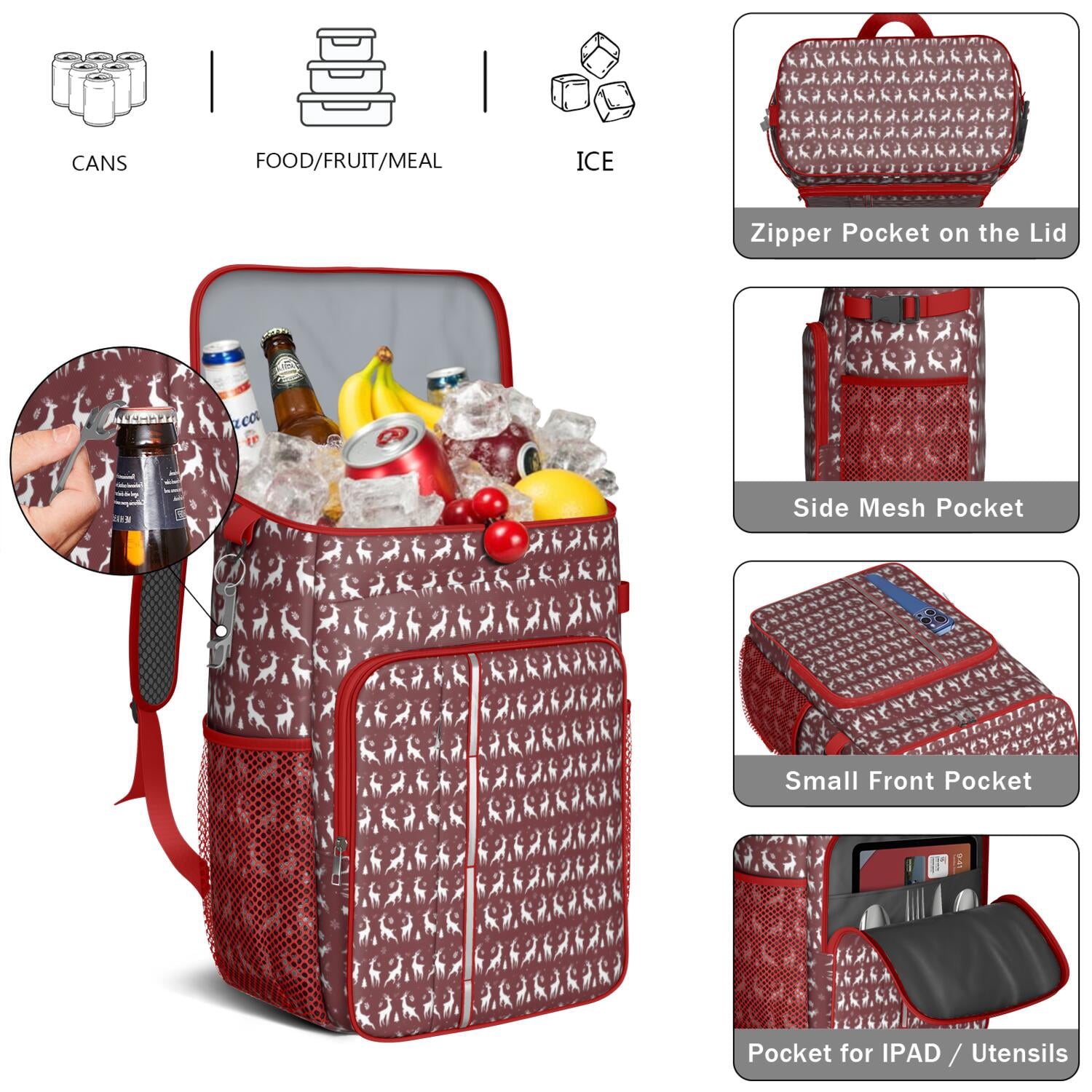 Travel Cooler Bag - Red Christmas Deer Pattern Camping Beer Cooler Backpack with Bottle Opener- Waterproof Insulated Picnic Backpacks - Cooler Bag for Beach