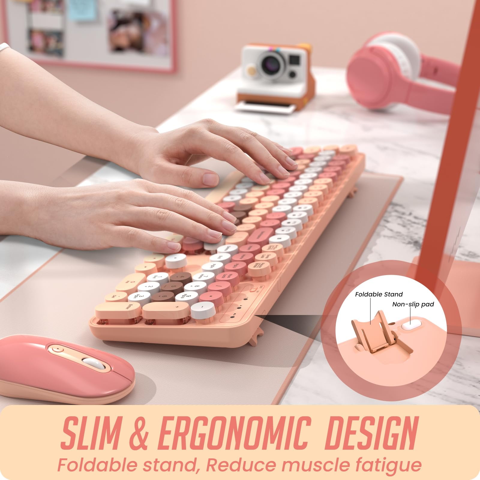 Wireless Keyboard and Mouse - Silent Keyboard Mouse Combo, Full Size Color Typewriter Keyboard with Round Keycaps, 2.4G Cute Mouse, Compatible with PC/Laptop/Computer