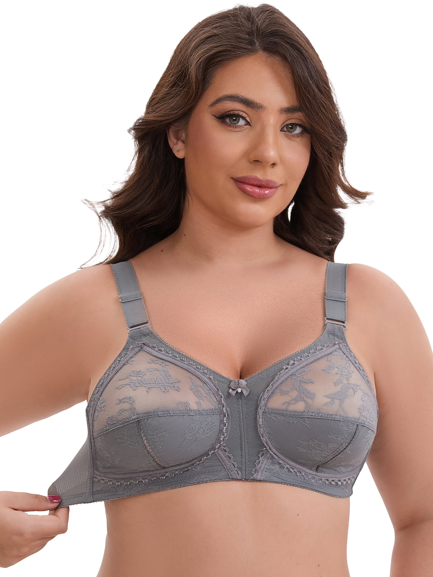 DARING DIVA Women's V-Neck Full Cup Wireless Bralette Lace Mesh 46C Gray