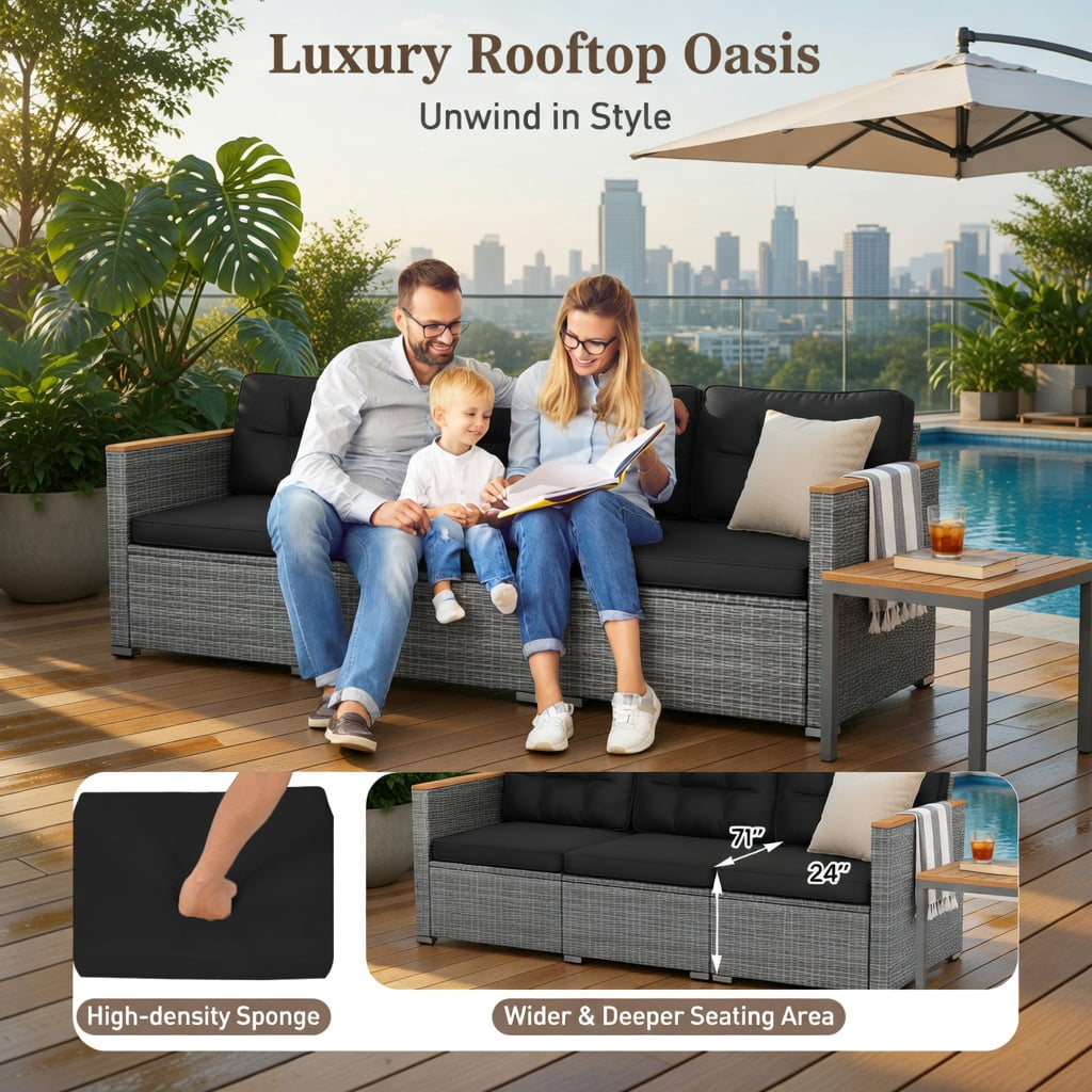 Hommoo 3-Seat PE Rattan Patio Sofa Set with Deep Seating, Removable Cushions & Acacia Wood Frame, Woven Outdoor Loveseat for Deck, Porch, Backyard, Black