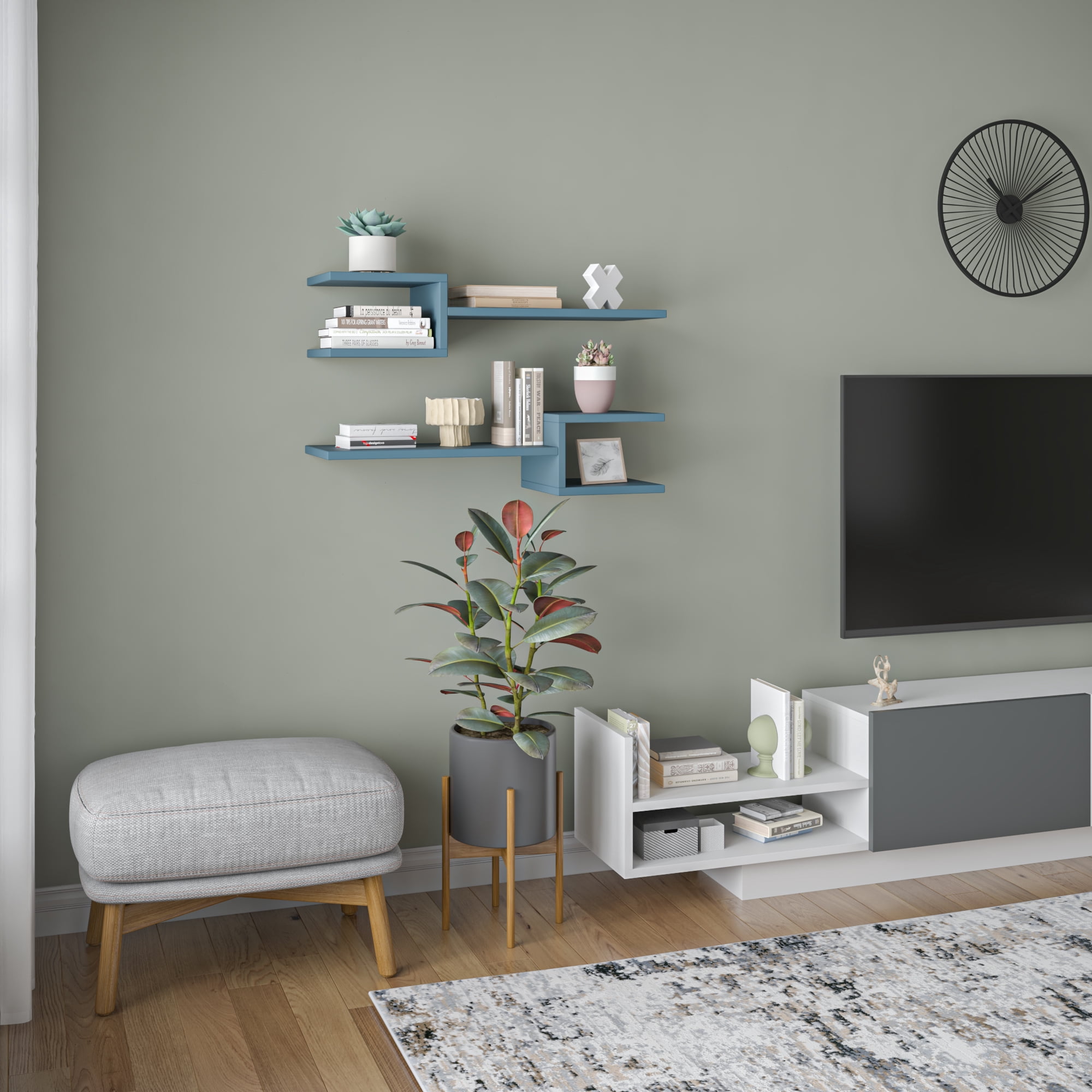 Ada Home Decor Furniture 29.53" 2 Tier Petrol Blue Webbs Modern Wall Shelf