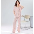 thumbnail image 3 of Defitshape Women's 100 Cotton Pajama Set Soft Textured 2 Piece Button Up Lounge Set Short Sleeve Shirt Pants Set Soft Light Comfy Loose Lightweight Pjs Summer Fall Sleepwear Pink Large, 3 of 5