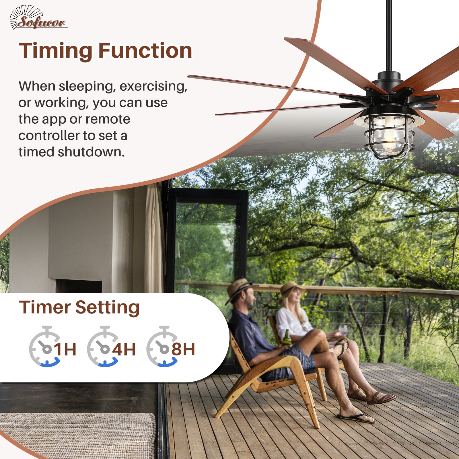 Sofucor 66 Inch Farmhouse Ceiling Fan with Light and Remote Control