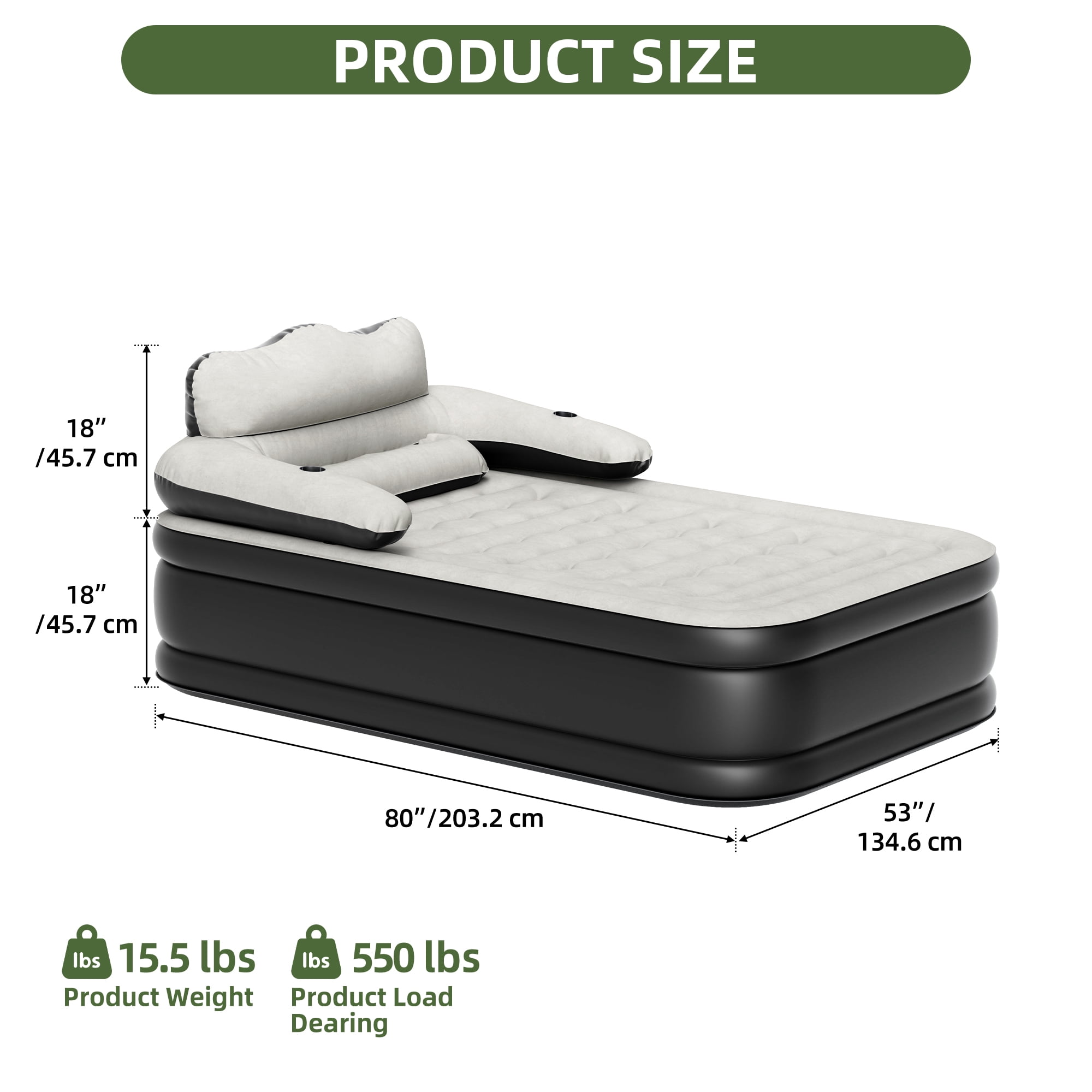 Uforic FullXL Air Bed featuring Headboard, 18in Inflatable Mattress with Pillow, Portable Electric Pump, Black - Ideal Queen Air Mattress for Camping & Home Use