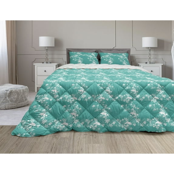 Fish Comforter & Sham Bedding Set, Dolphins Starfishes and Seashells Floral and Animal Pattern Swirls Stalks Flowers, 3 pcs Duvet Set Microfiber Filling Quilt, 5 Sizes, Turquoise White, by Ambesonne