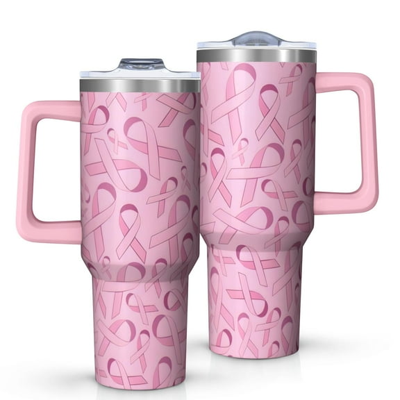 Pink Breast Cancer Tumbler with Handle and Lid,40oz Double Wall Vacuum Insulated Tumbler,Cups Gift for Women and Men
