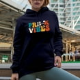 thumbnail image 2 of Pre-K Vibes, Prekindergarten School Teacher Themed, Groovy Retro Wavy Text Merch Gift, Navy Blue Hooded Sweatshirt or Hoodie, Small, 2 of 5