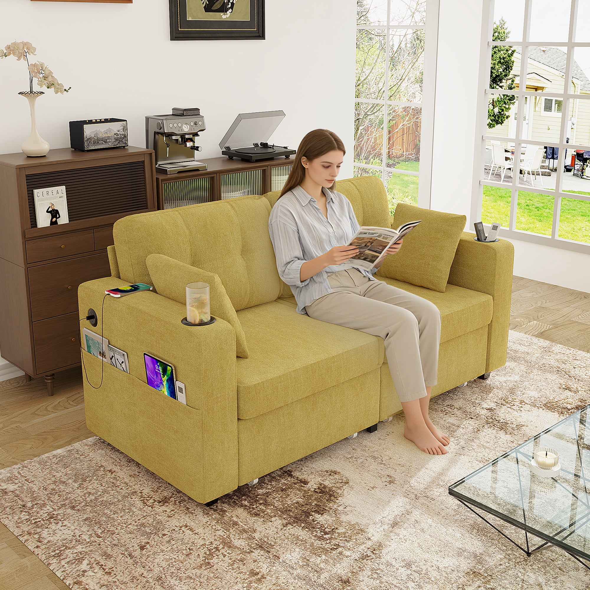 68" Chenille Two Seater Couch, Living Room Loveseat with Usb Charging, Upholstered Loveseat with Storage for Living Room, Mustard yellow