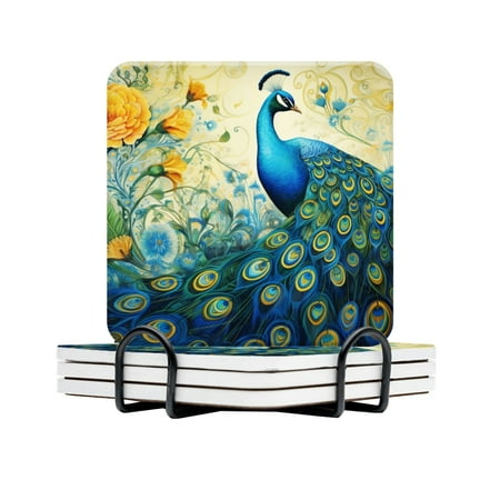 

BaHomeck Drink Coasters Set Of 4 With Holder Beautiful Blue Peacock With Yellow Flowers Water Absorbent Ceramic Coasters Tabletop Protection Suitable For Various Cup Home Decor