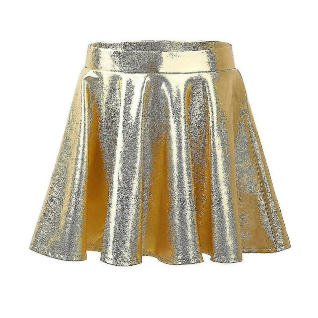 Kids Girls Glossy Metallic Flared Pleated A-Line Mini Skater Skort Dance Skirts Athletic Shiny Scoot