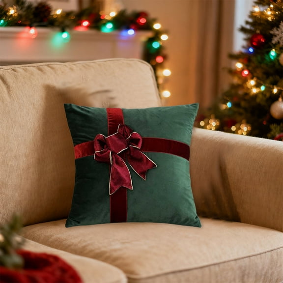 Christmas Decorations, Velvet Gift Bow Throw Pillow with Pillow Insert Decorative Cushion for Sofa Bed Living Room Holiday Home Decor Soft Dutch Velvet Christmas Pillow