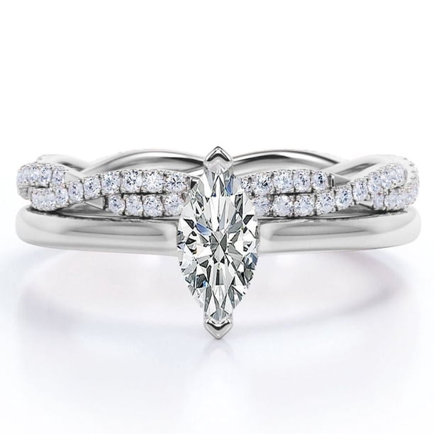 JeenMata Anillo de Compromiso Solitario de Talla Marquesa de 1,75 Quilates con Banda Nupcial Infinita Engastada en Oro Blanco de 18 K sobre Plata (Personaliza Tu Banda Nupcial)