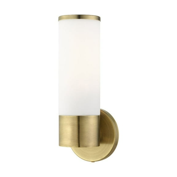 1 Light Contemporary Steel Wall Mount with Cylinder Satin Opal White Glass-11.25 inches H By 4.25 inches W-Antique Brass Finish Bailey Street Home