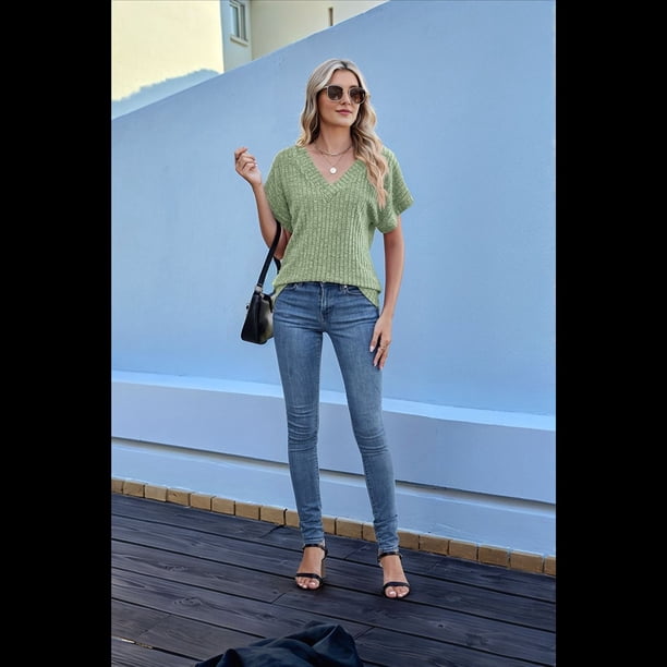 Camiseta Holgada Informal de Color Liso con Cuello en V para Mujer, Corta, Verde, Talla L