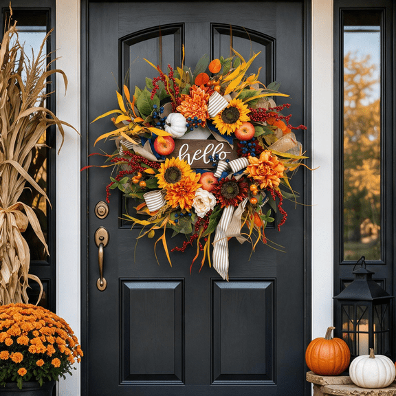 24-inch Artificial Fall Wreath for Front Door with Sunflowers, Pumpkins, Apples, Berries, Ribbon and Hello Wood Sign, Autumn Decor