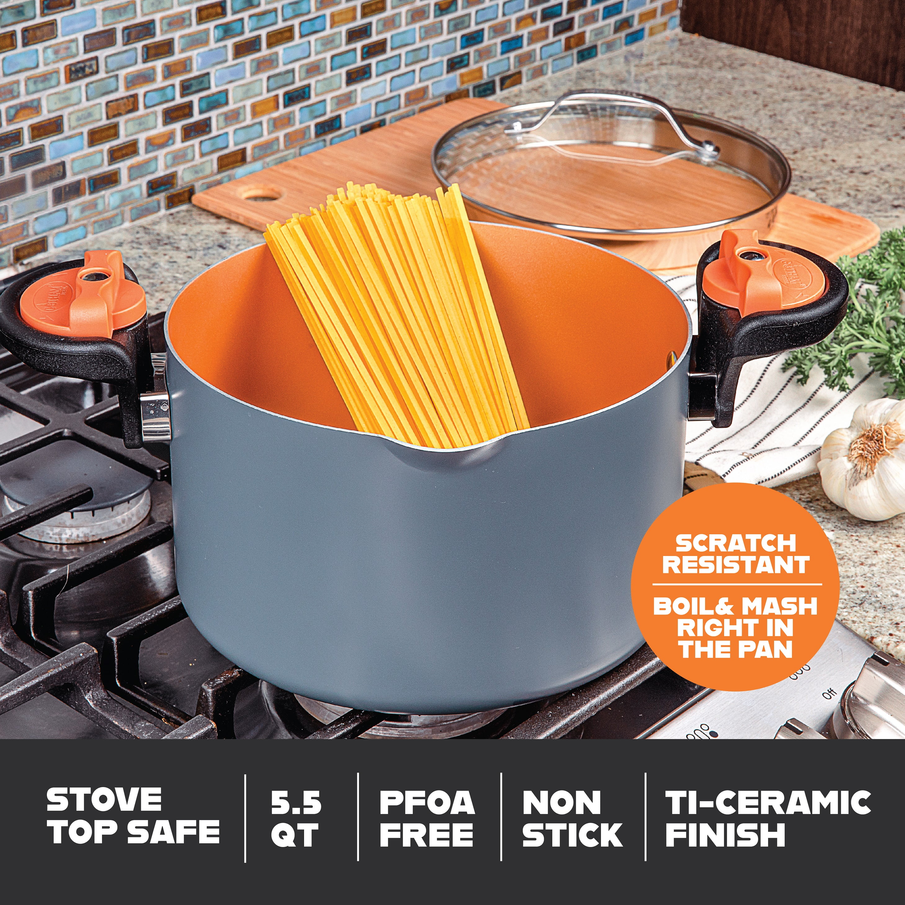 Gotham Steel 5 Qt Stock Pot Nonstick Pasta Pot Soup Pot with Ti-Cerama Copper Coating with Patented Built in Strainer Lid, Twist N Lock Handles - As Seen on TV - 2
