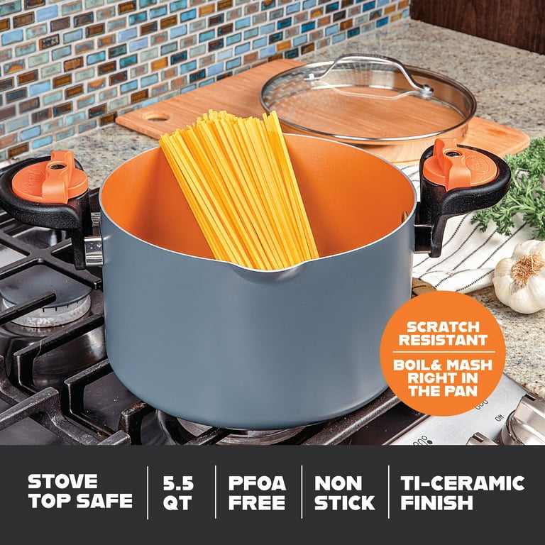Red Copper Infused Non-Stick Ceramic 5 Qt Better Pasta Pot 2pc Cook &  Strain Set