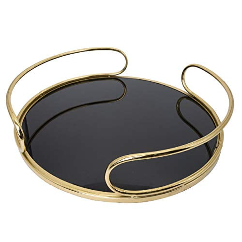 OPlus Decorative Tray, Gold Metal Tray Mirrored Round Tray Black Tray