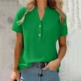 thumbnail image 2 of HomeDM Women's Button Down V Neck Short Sleeve Shirts Solid Color Work Office Casual Tops - Green/S, 2 of 8