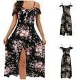 thumbnail image 2 of PuLe Summer Women's Floral Print Cold Shoulder Short Sleeve Lace Up Wrap Split Long Dress, 2 of 9