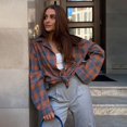 thumbnail image 1 of Camisa a cuadros de gran tamaño para mujer, blusa holgada de manga larga con bolsillo y solapa, estilo coreano, otoño e invierno, 2024Orange, 1 of 5