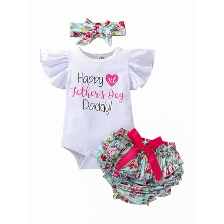 

TheFound Newborn Infant Baby Girls Happy 1st First Father s Day Clothes Romper Bodysuit + Shorts + Headband Outfits