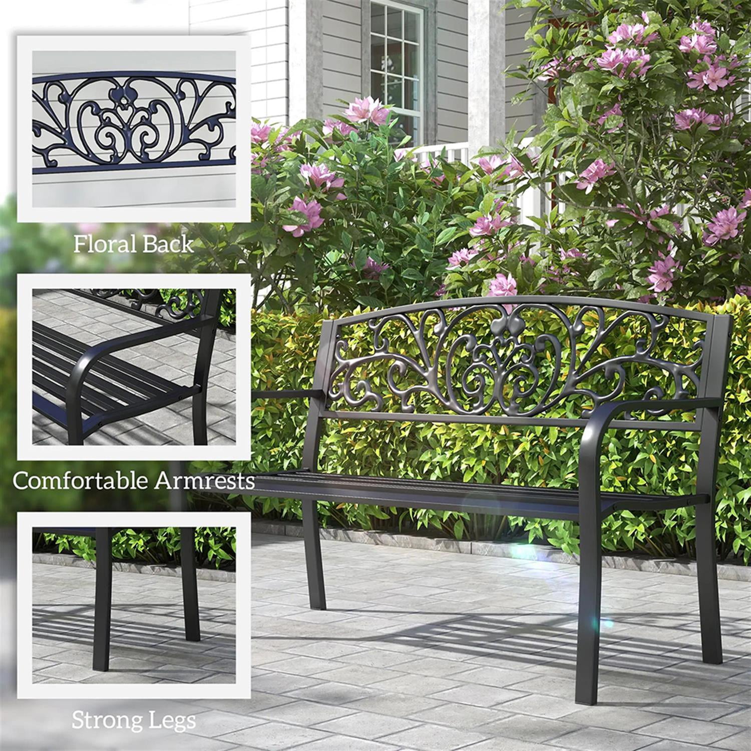 Demi Bonn Patio Garden Bench Metal Park Bench, Outdoor Benches Furniture with Floral Pattern Backrest & Slatted Seat for Patio, Park, Lawn, Yard, Black